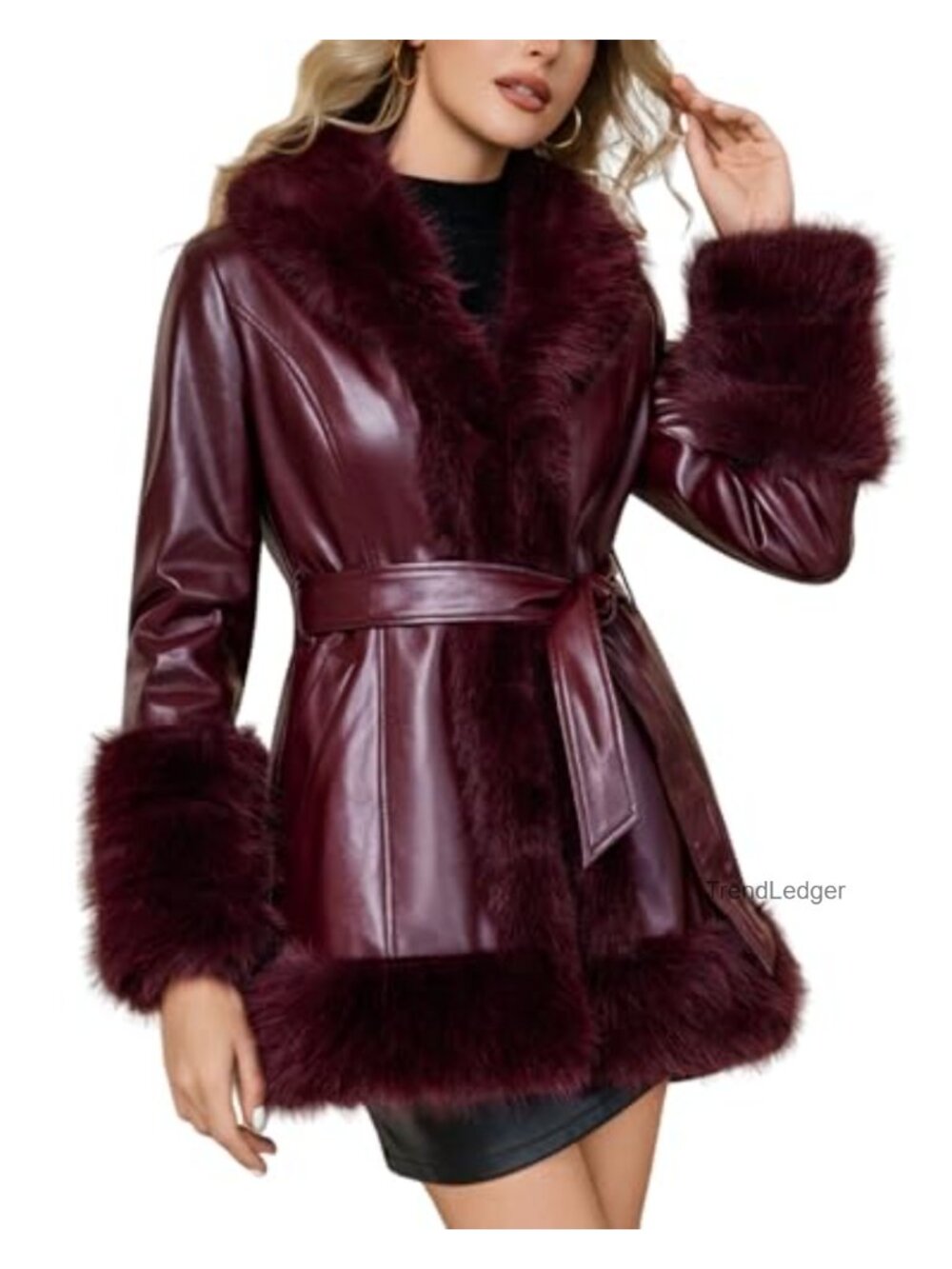 Faux Fur Faux Leather Belted Overcoat Fur Lined Parka
